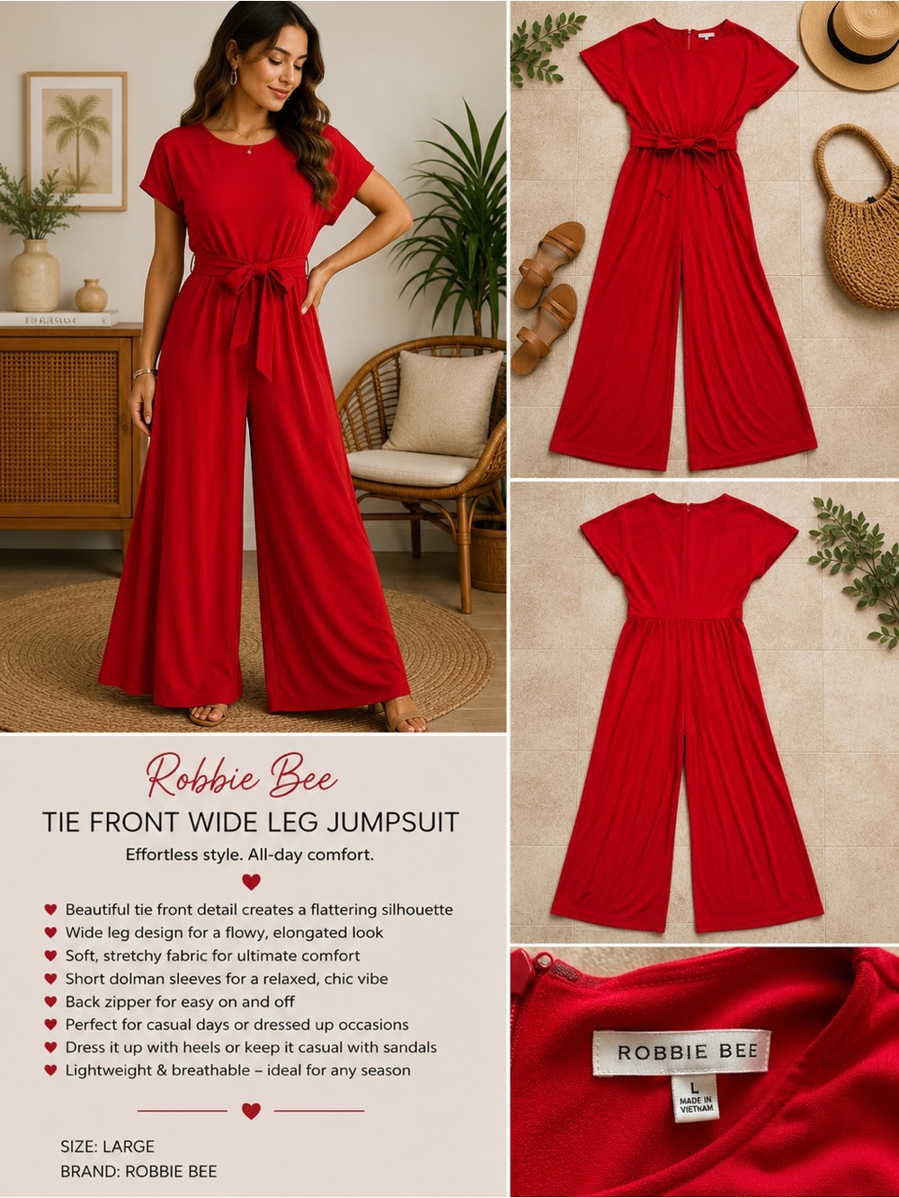 Robbie Bee Red Tie-Waist Wide-Leg Jumpsuit